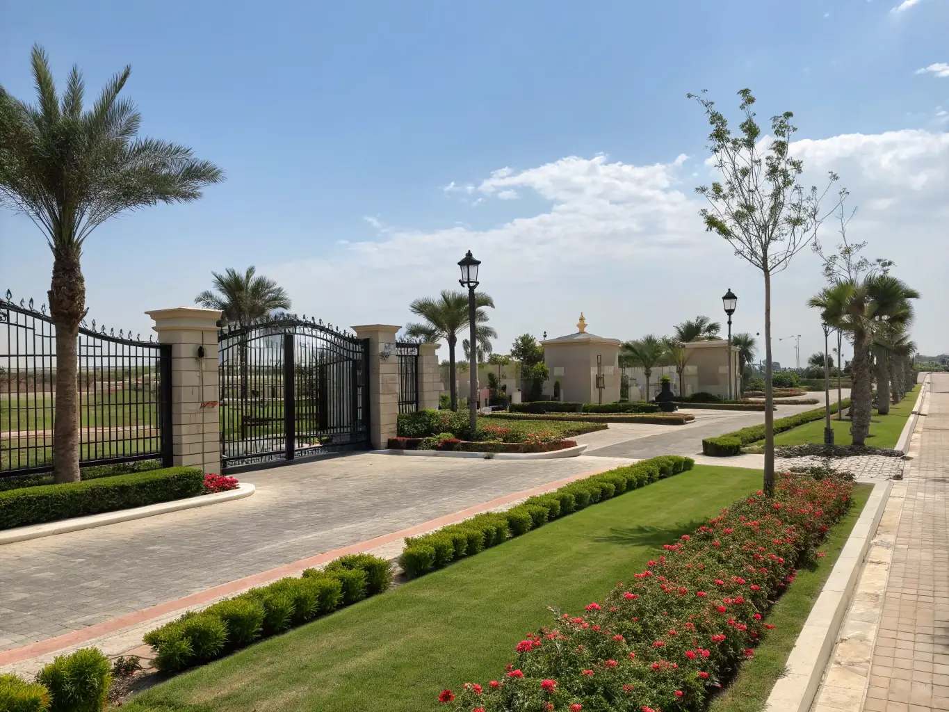 A high-angle, daytime shot showcasing the entrance to a TerraNova Living gated community, featuring lush landscaping, a security gatehouse, and modern villa architecture visible in the background.