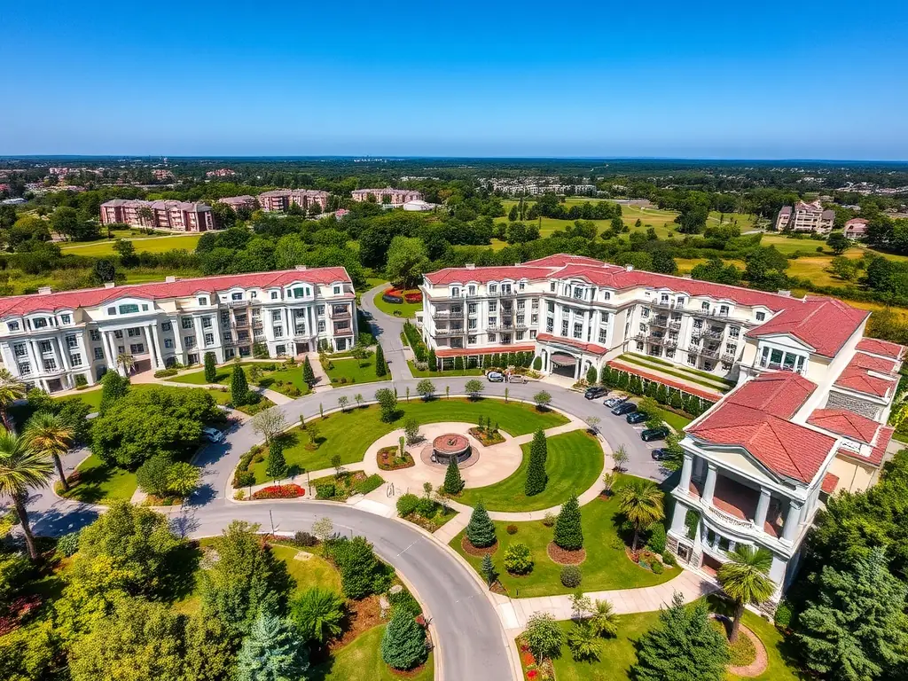 An aerial shot of a gated community featuring luxury villas with landscaped gardens, a clubhouse, and recreational facilities. The community is surrounded by lush greenery and offers a secure and private living environment.