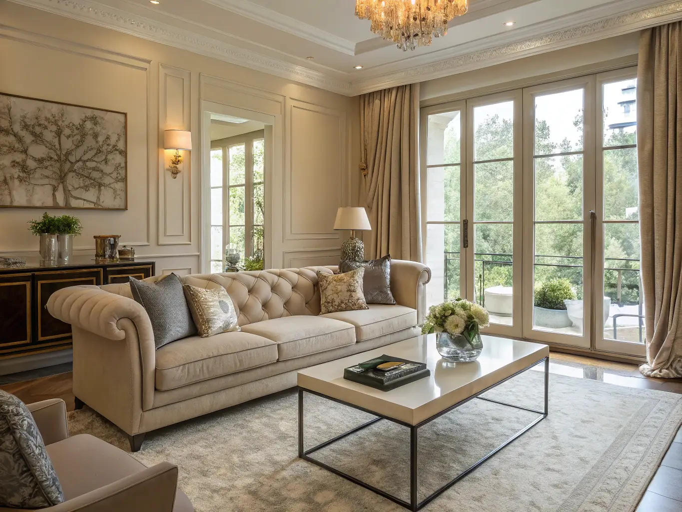 A high-resolution image of the interior of a luxury villa, showcasing a spacious living room with floor-to-ceiling windows, designer furniture, and elegant decor. The room is filled with natural light, highlighting the high-end finishes and attention to detail.