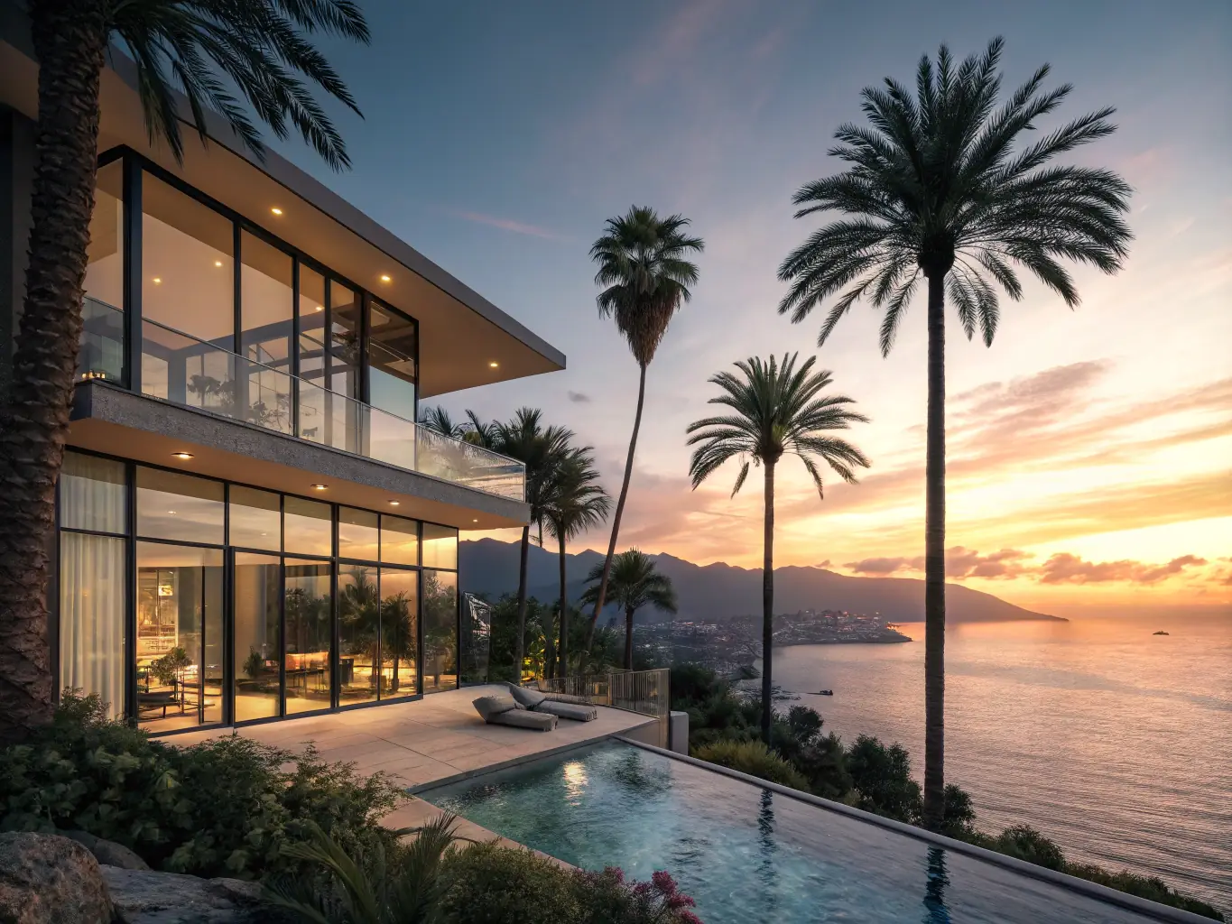 A stunning image of a modern luxury villa with a private infinity pool overlooking the ocean at sunset. Palm trees and manicured gardens surround the property, emphasizing its exclusivity and tropical setting.