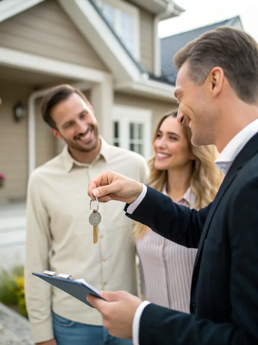 An image depicting a TerraNova Living representative handing over keys to a smiling homeowner, representing a smooth and hassle-free handover process.
