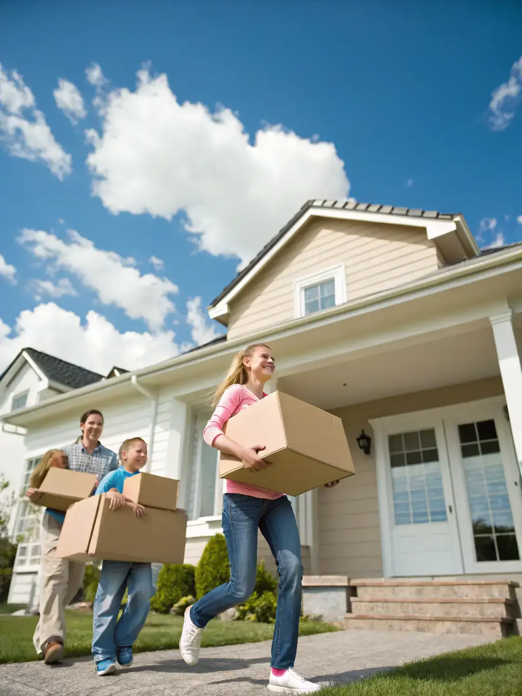 A photograph of a family happily moving into their new villa, symbolizing the joy and excitement of owning a home in a TerraNova Living gated community.