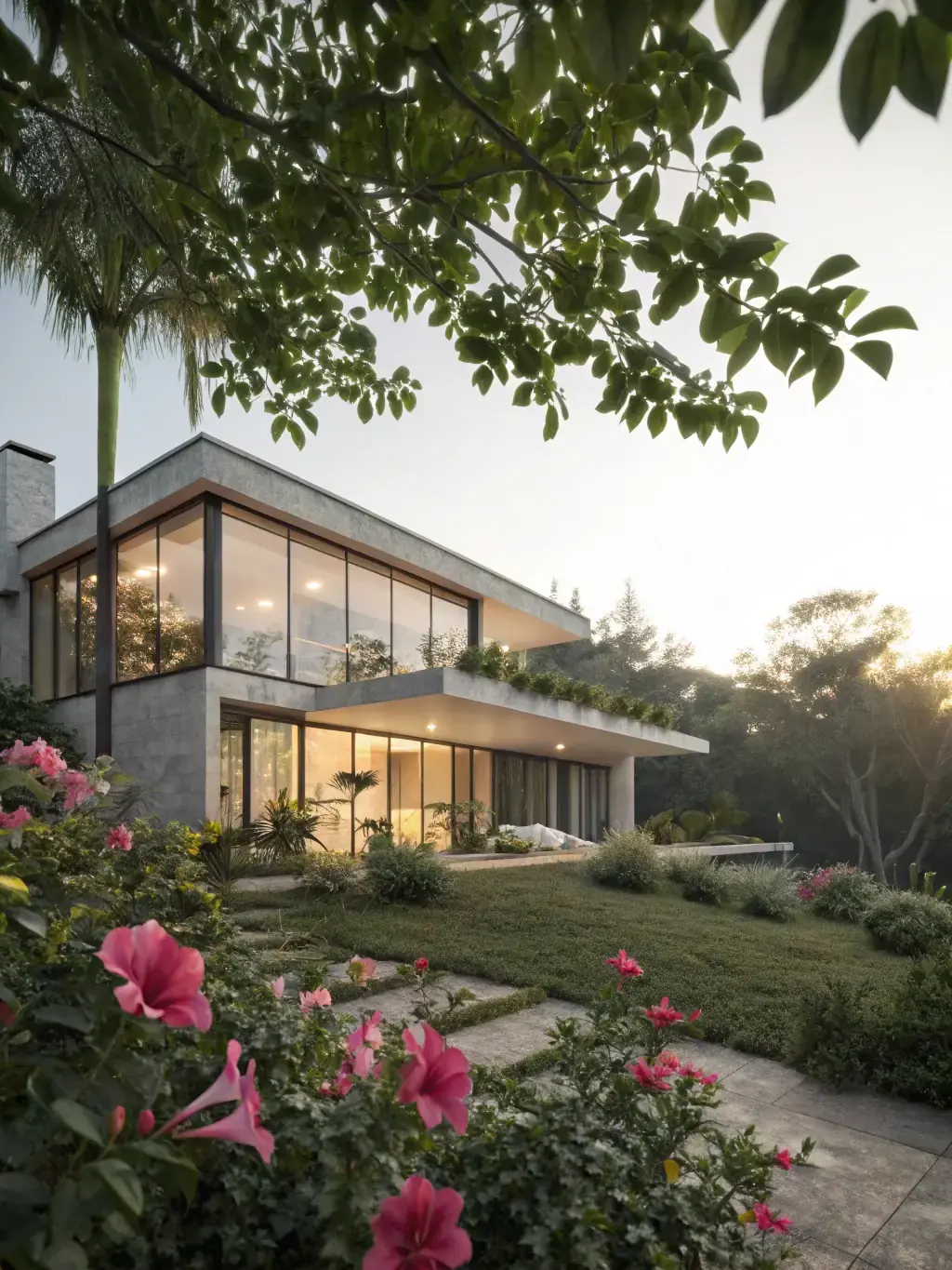 A high-resolution photograph showcasing the exterior of a newly constructed, modern villa in a gated community, emphasizing its architectural design and landscaping.